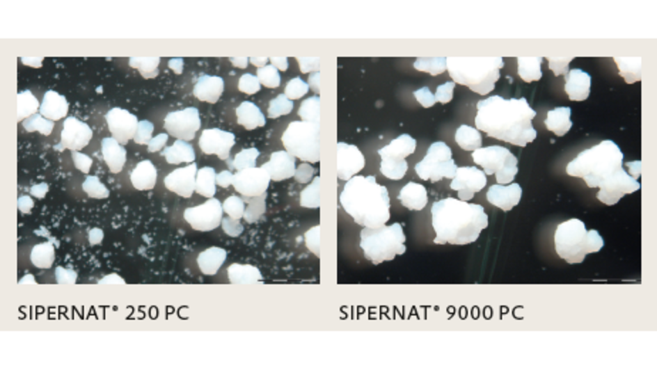 圖片說明：不同粒徑大小的 SIPERNAT® PC 產品，SIPERNAT® 250 PC 轉為身體磨砂應用設計；SIPERNAT® 9000 PC 為不敏感區域如腳部設計。