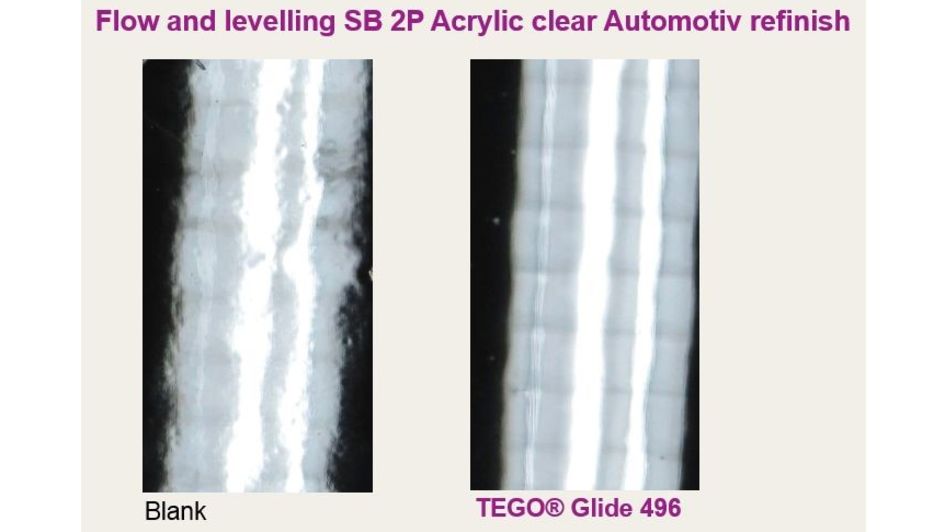 TEGO® Glide 496 在溶劑型 2K 丙烯酸汽車修補漆中流平性測試（添加量 0.15 % ）